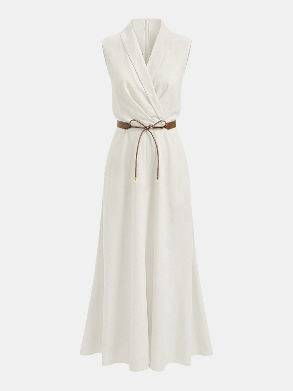 Sleeveless Ivory Faux Wrap Maxi Dress with Brown Tie Belt